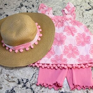 Happily Grey Kids Pink Floral Pom Set with Matching Straw Hat